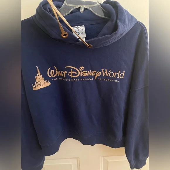 Walt Disney World 50th Anniversary EUC‎ Navy Castle Crop Top Hoodie Sz Large - Picture 2 of 7